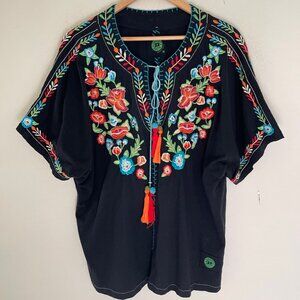 DOUBLE D RANCH Black Floral Embroidered Peasant Top: Medium; NWOT (RUNS LARGE!!)